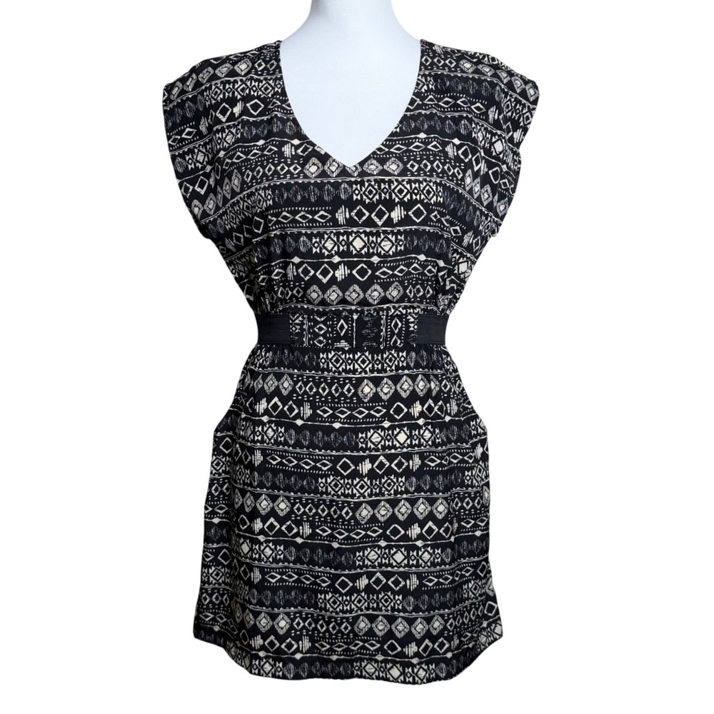 Forever 21 Tribal Geometric Print V-Neck Mini Dress Black White Womens Small